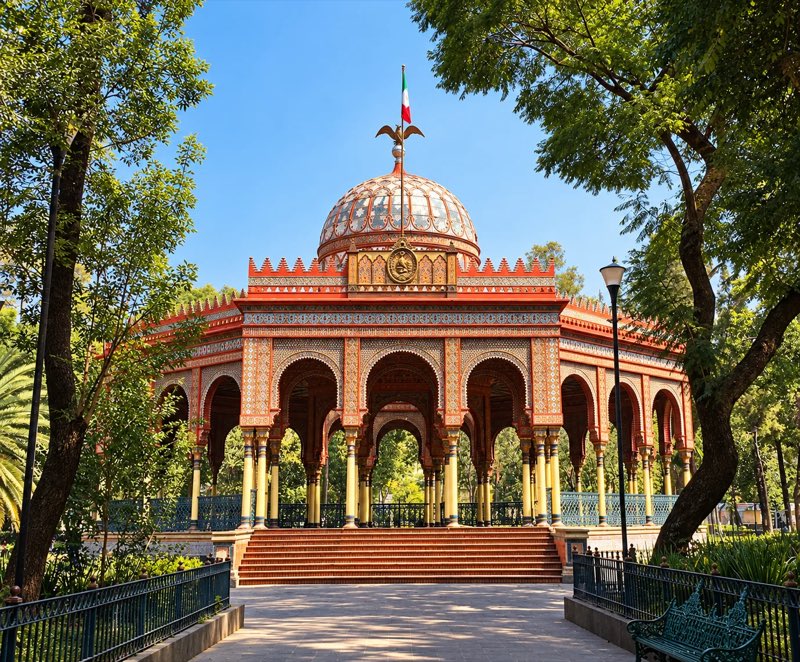 Kiosco Morisco de Santa María la Ribera, con su cúpula y arcos de estilo mudéjar entre los árboles de la Alameda